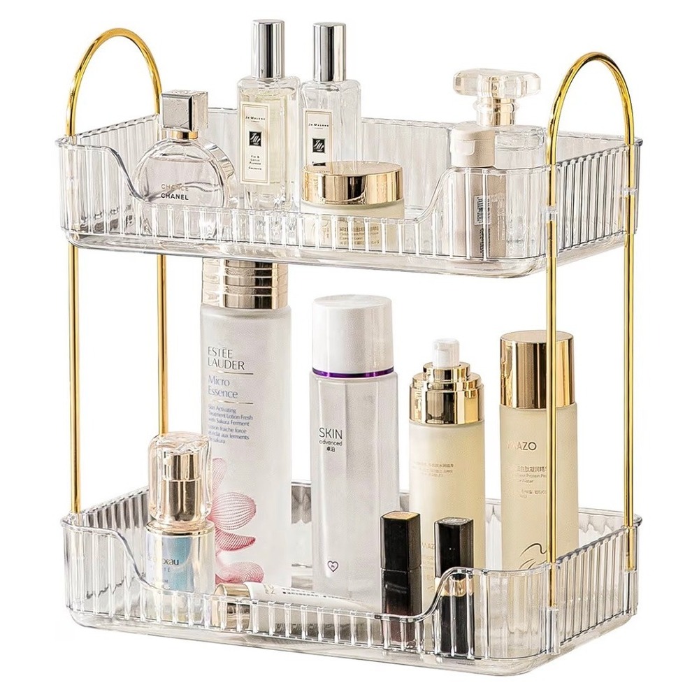 Light Luxury 2-Tier Storage Shelf Clear Gold Vanity Organizer